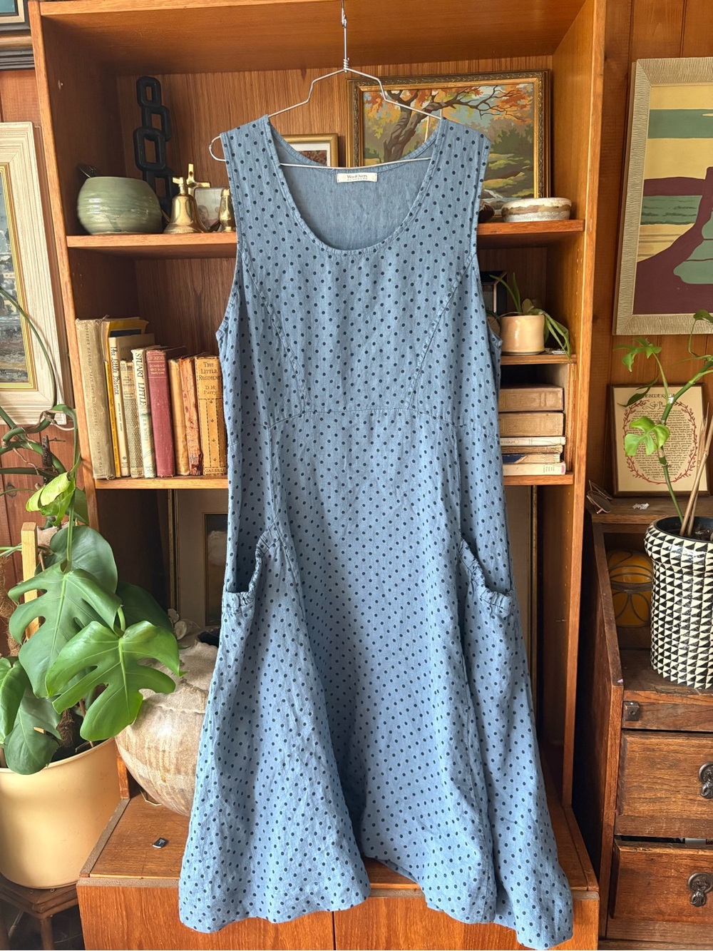 100% Linen Lagenlook Artsy Polka Dot Maxi Dress XL